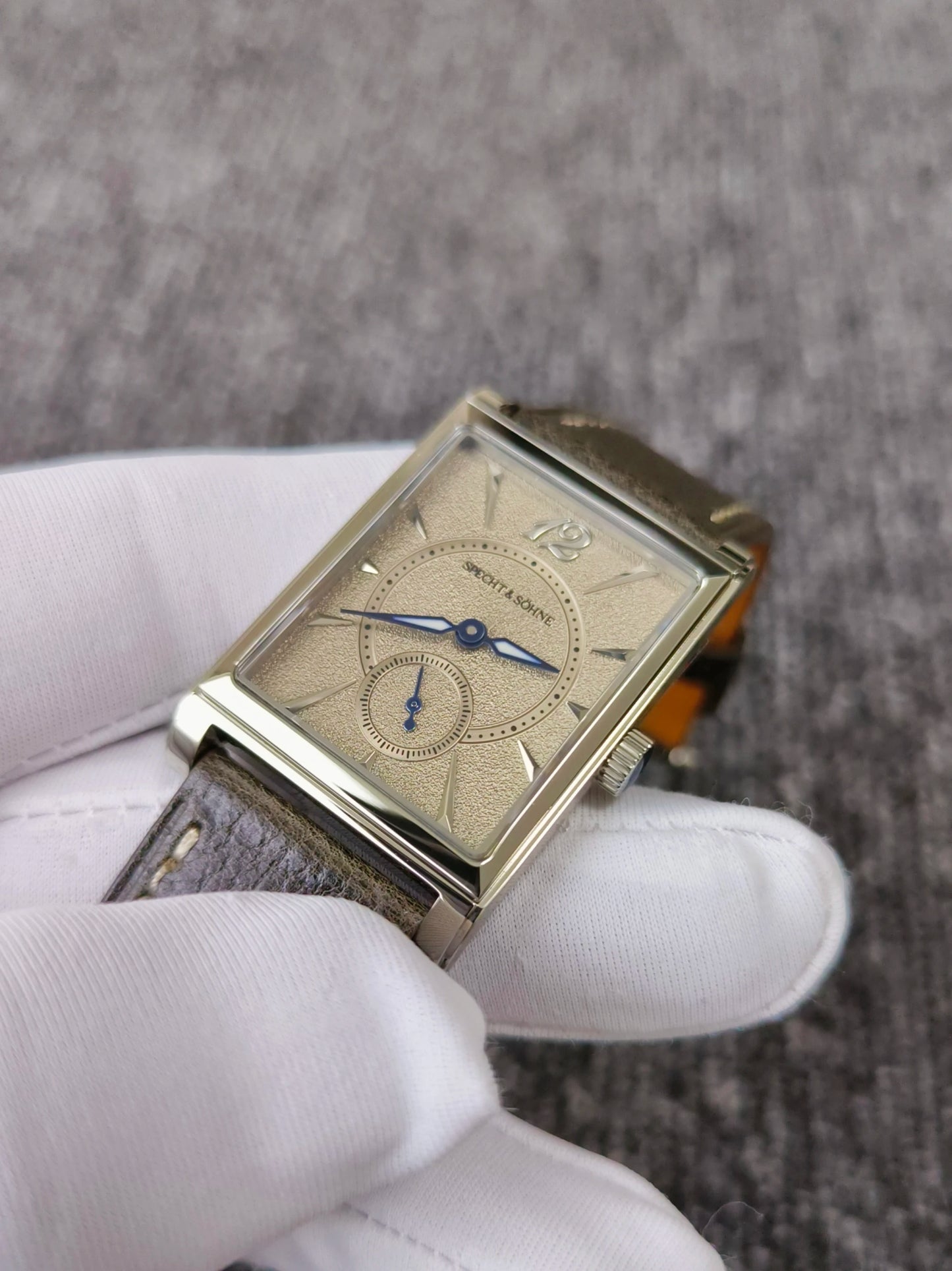 2026 Specht&Söhne Ultra Thin 7.5mm Rectangular Watch Japan Quartz Movement Small Seconds Sandblasted Dial Grey Leather Strap Watch