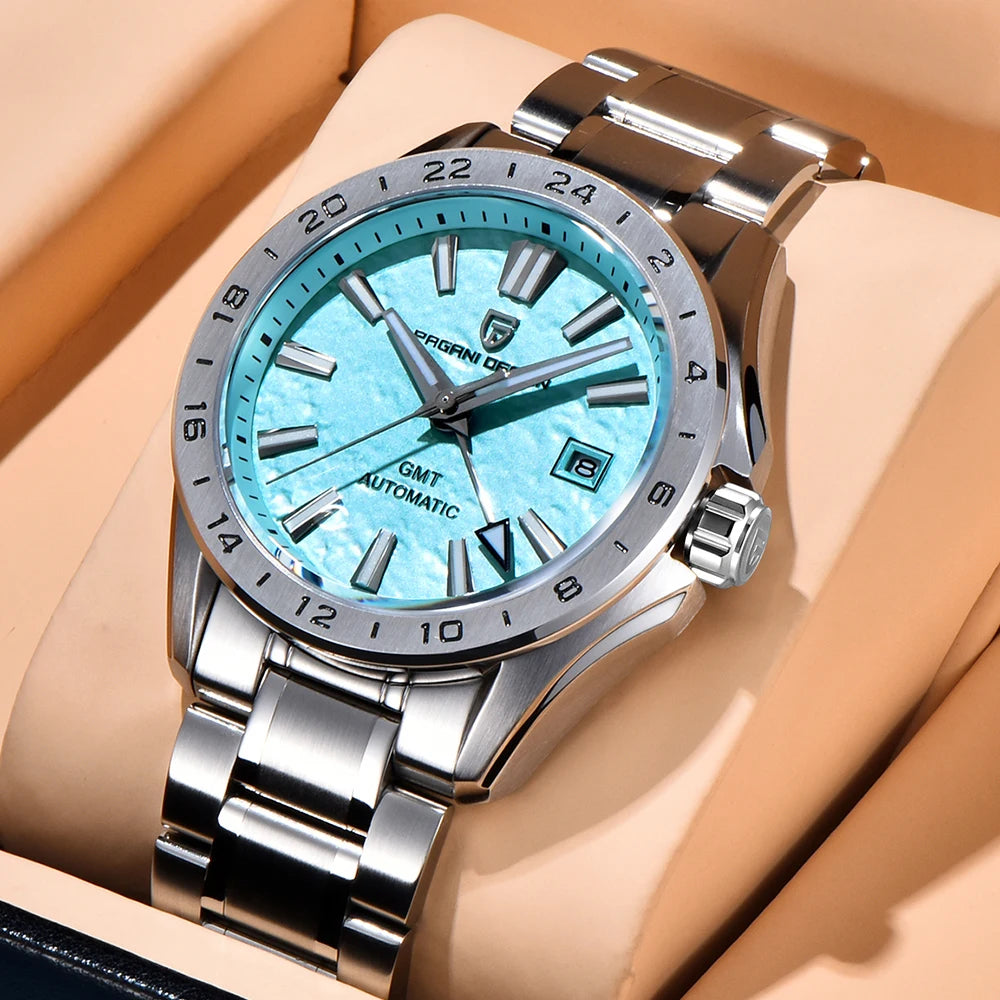 Pagani Design Men's Luxury GMT Automatic Watch Stainless Steel Case Sapphire Glass 100m Waterproof Mechanical Business Watch