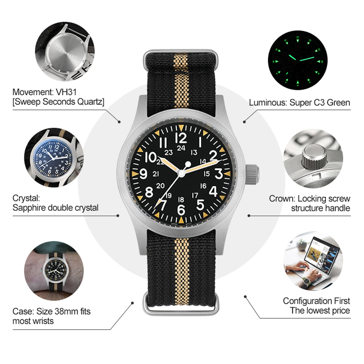 Militado ML05 38mm Vintage Watch VH31 Quartz Movement Field Watches Domed Sapphire Crystal With High Clear AR Coating Wristwatch