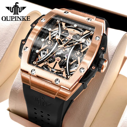 Relógio masculino OUPINKE clássico de luxo com mostrador tonneau, marca de topo, original, automático mecânico, bracelete em silicone e vidro de safira, novo