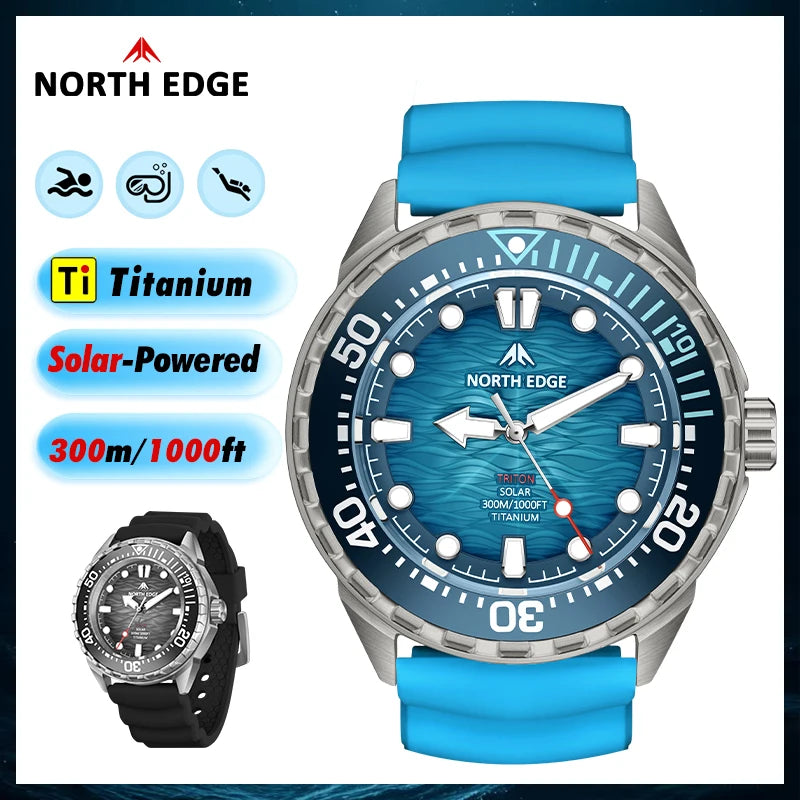 NORTH EDGE TRITON-Ti Solar Powered Dive Watch Titanium Alloy Case Men Luxury Quartz Watches For Men Waterproof 300M