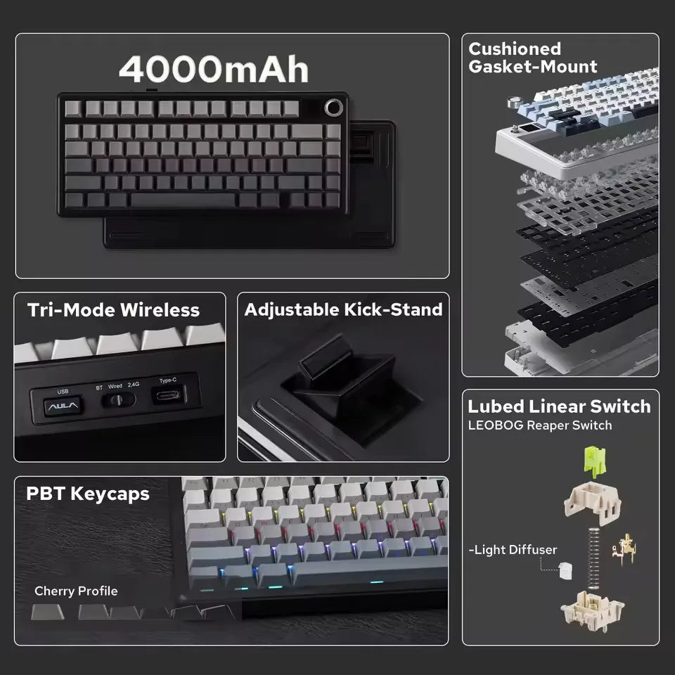 Teclado mecánico gaming AULA F75 MAX 2.4G inalámbrico/BT/con cable, Hot-Swap RGB, 75%, 81 teclas, teclado de oficina con pantalla TFT