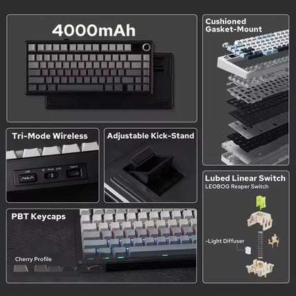 Teclado mecánico gaming AULA F75 MAX 2.4G inalámbrico/BT/con cable, Hot-Swap RGB, 75%, 81 teclas, teclado de oficina con pantalla TFT