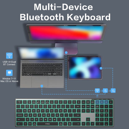 Jomaa Wireless Bluetooth Keyboard Multi-Device Full Size Wireless Backlight Keyboard with Number Pad, for Windows/PC/Laptop/Phone