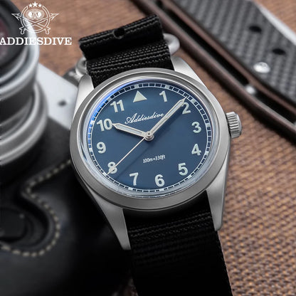 Orologio analogico da uomo ADDIESDIVE 36mm con vetro a specchio bombato, impermeabile 100m, luminoso, semplice, al quarzo, con cinturino in nylon