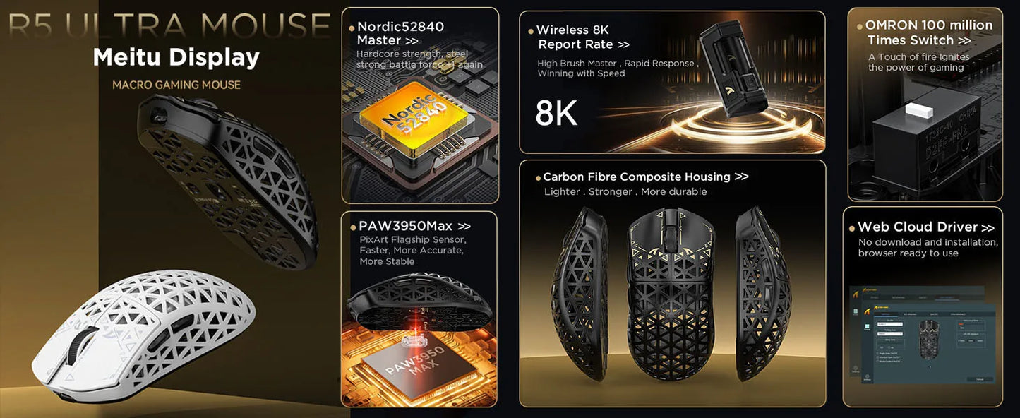 Bezdrátová herní myš ATTACK SHARK R5 Ultra 8K z uhlíkových vláken se senzorem 42000 DPI-PAW3950 MAX – ultralehká 39g pro Win/Mac