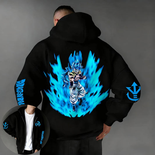 Sudadera con capucha y cremallera versátil de anime Dragon Ball Y2K 2025 para hombre, nueva temporada otoño/invierno, estampado de Gogeta, estilo casual americano, corte holgado, top para padres e hijos