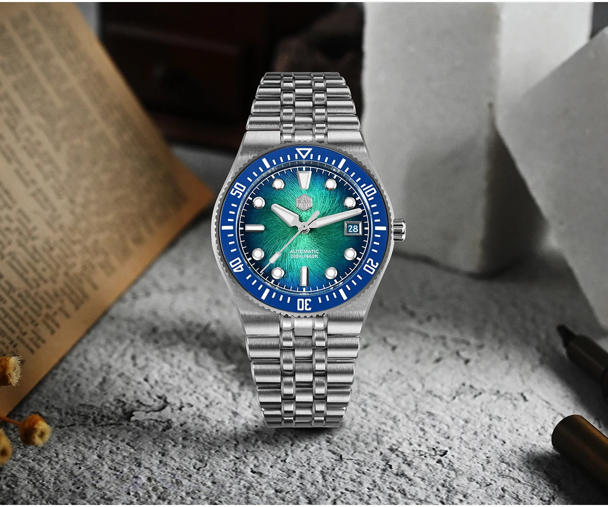 San Martin 40mm Luxus-Taucheruhr für Herren, Miyota 9015, Sunburst-Emaille-Zifferblatt, automatische mechanische Armbanduhr, wasserdicht bis 200m, SN0148
