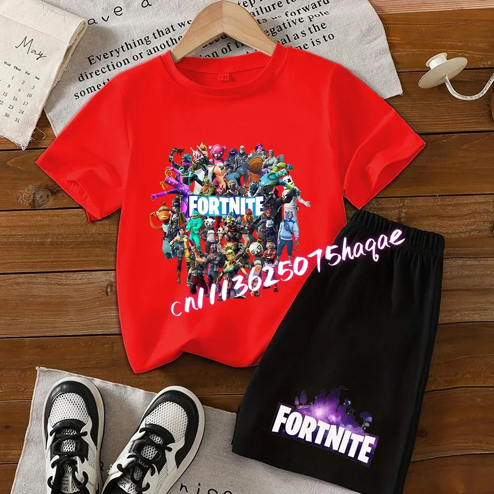 Angesagtes Fortnite-Kinder-Set mit T-Shirt und Shorts, Cartoon-Figur-Print, Sommer-Freizeit-Sportbekleidung für Jungen