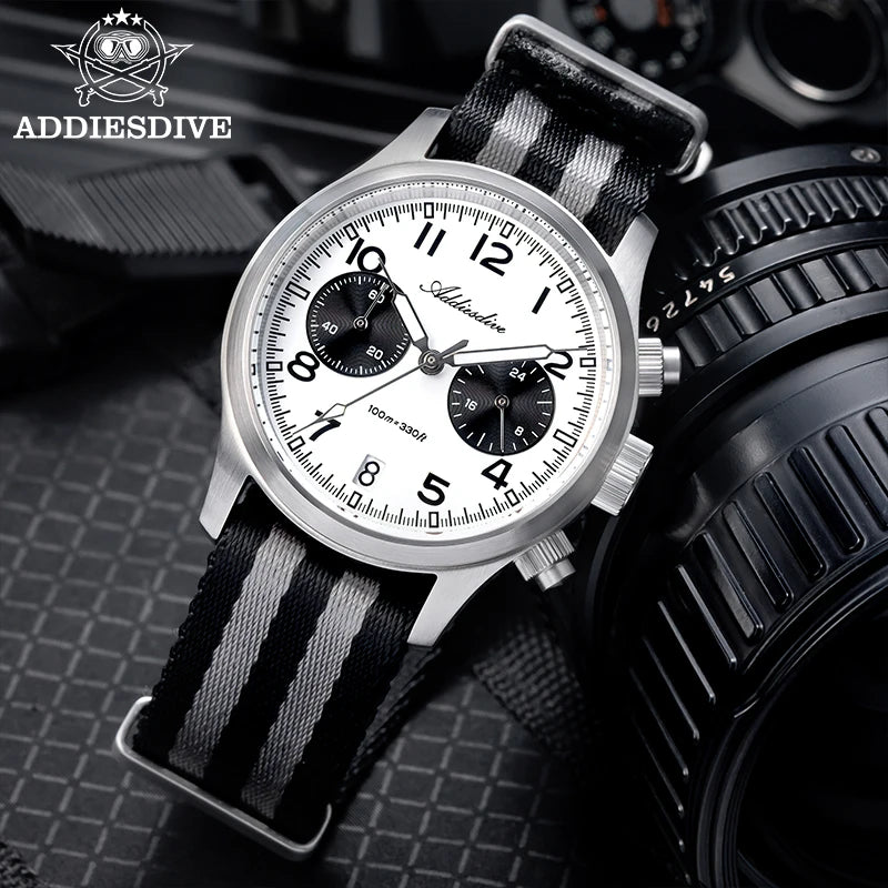 ADDIESDIVE 2025 Neue Panda Eye Herrenuhr, luxuriöse Retro-VK64-Quarzuhr für Herren, Sport-Chronograph, 100M wasserdicht, leuchtend