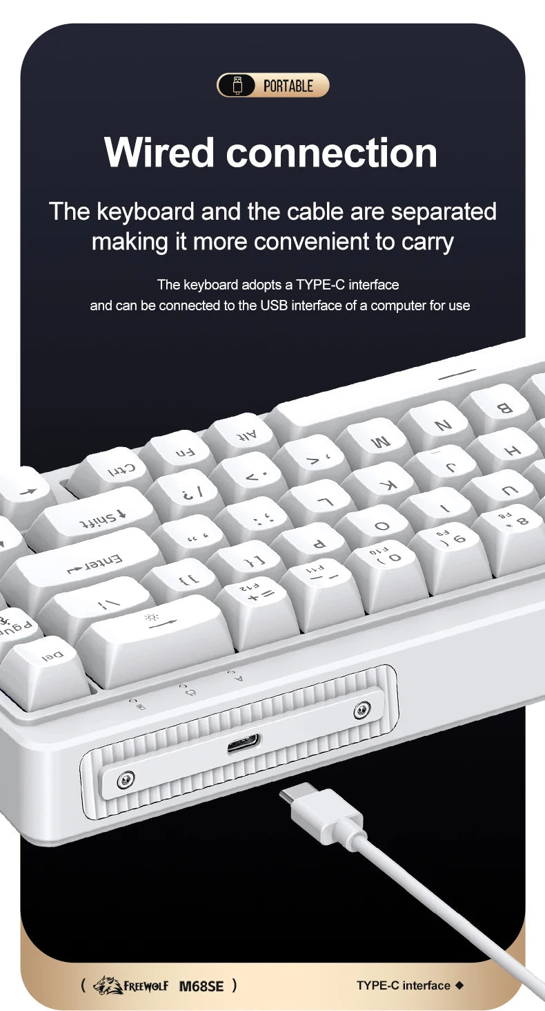 FREEWOLF M68SE 68 Key Mini Wired Keyboard RGB Backlit Type-C 68% Layout Compact Gaming Office PC Laptop