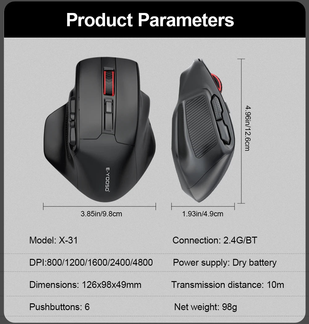 Mouse gaming E-YOOSO X-31 Pro USB, mare, cu suport Bluetooth 2.4G Wireless, PAW3212, 4800 DPI, pentru gameri, computer, laptop și PC