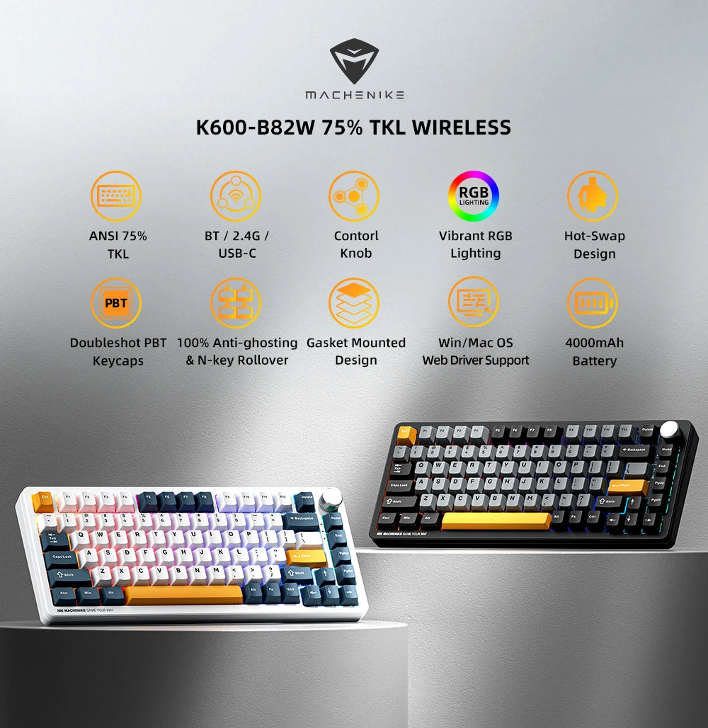 Teclado Mecânico Gaming Sem Fios Machenike K600-B82W Trimodo, Montagem Gasket, Layout ANSI 75% e Retroiluminação RGB