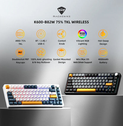 Teclado Mecânico Gaming Sem Fios Machenike K600-B82W Trimodo, Montagem Gasket, Layout ANSI 75% e Retroiluminação RGB