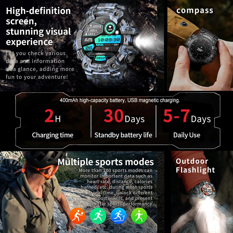 New Military Sports Smart Watch Men 100+ Sports Outdoor Fitness Compass Heart rate BT Call Waterproof Smartwatch For iOS Android