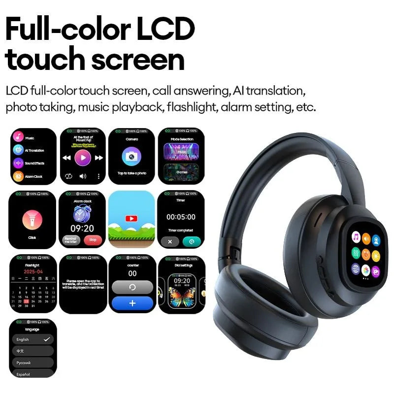 KI-LCD-Touchscreen kabellose Bluetooth-Kopfhörer – ANC-Geräuschunterdrückung, tiefer Bass, Gaming-Headset mit HD-Mikrofon
