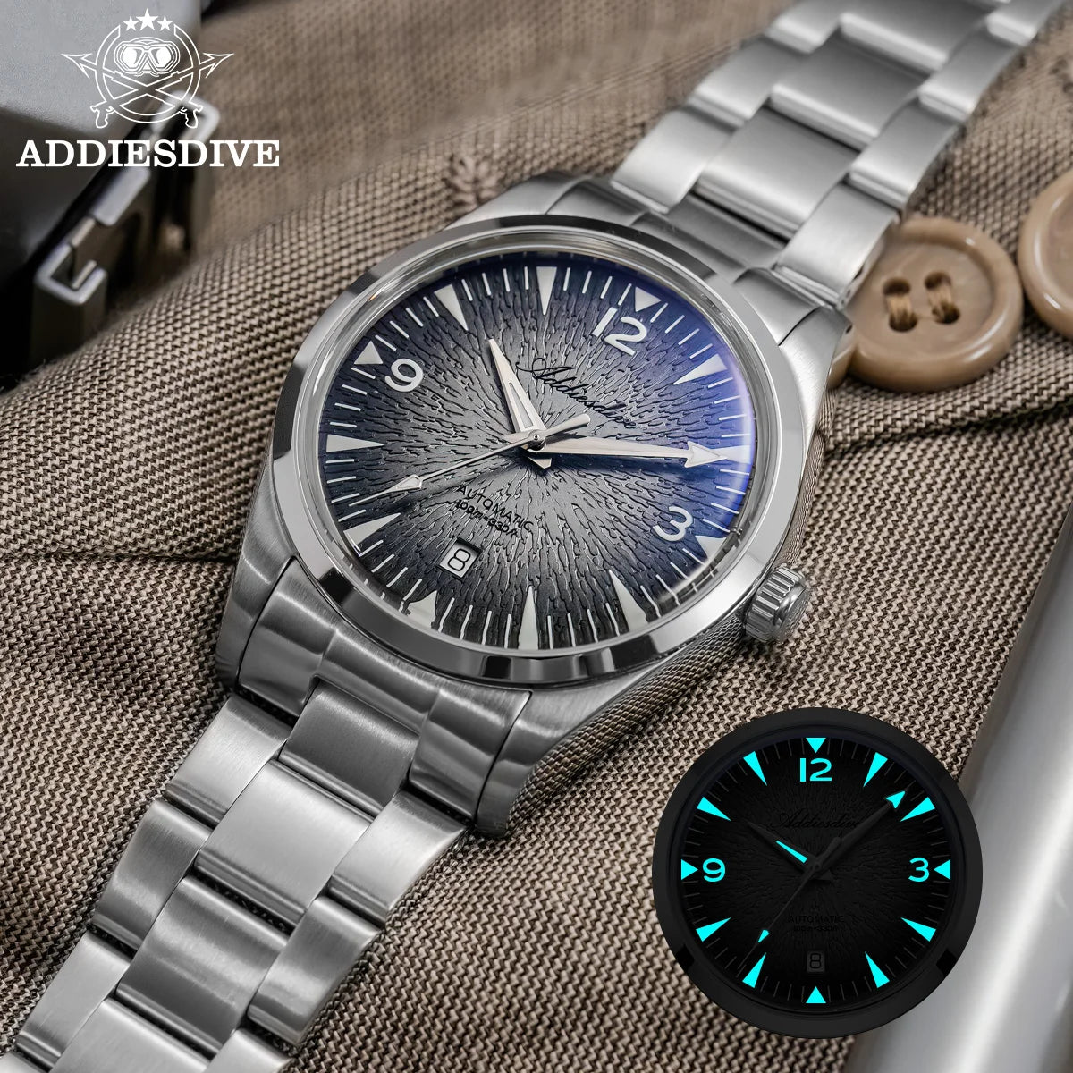 ADDIESDIVE AD2508 Herren-Taucheruhr, leuchtend, 100M wasserdicht, 316L-Edelstahl, 8215-Uhrwerk, automatische mechanische Uhr