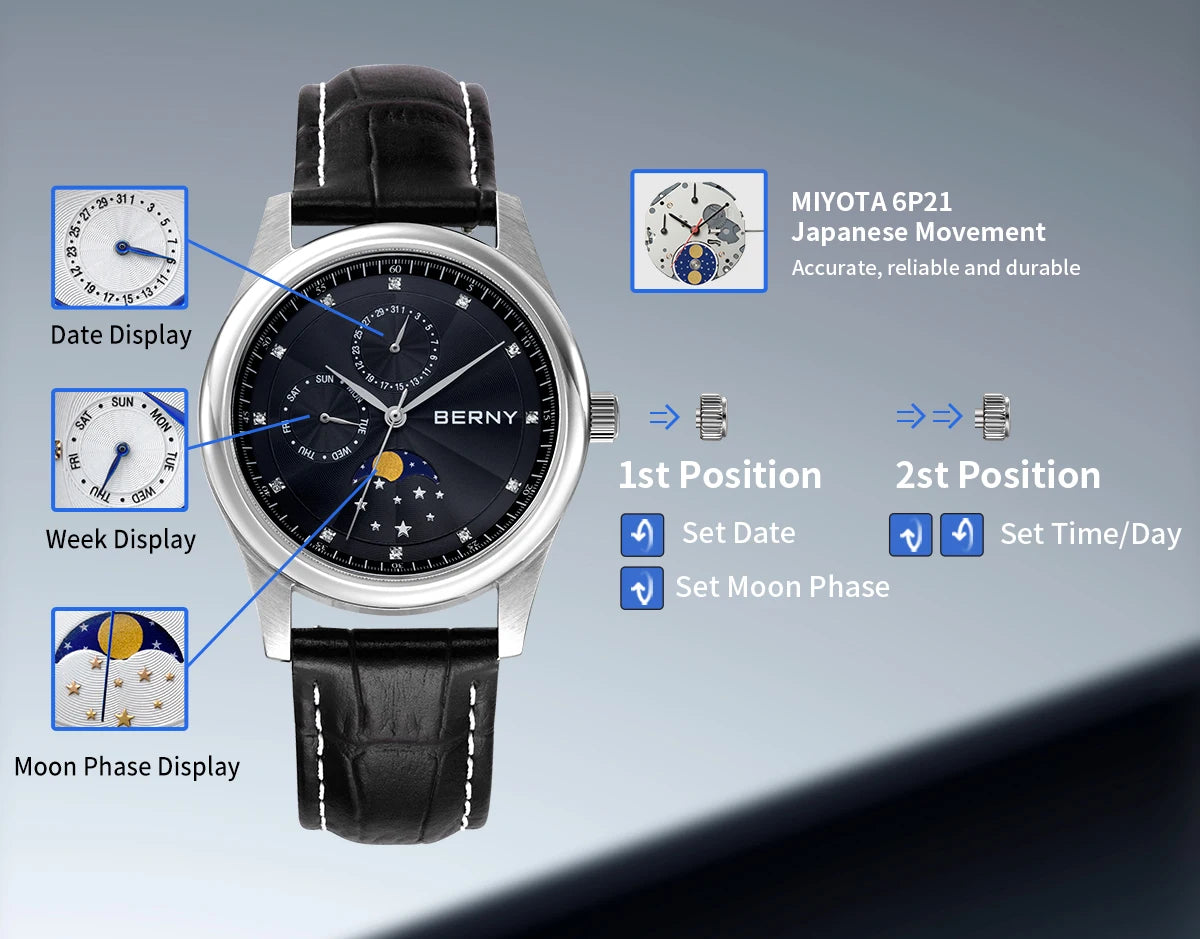 BERNY Men's Watch Date Weeks Moon Phase Quartz Watches for Men Stainless Steel Leather Strap Business Wristwatch Male Clock