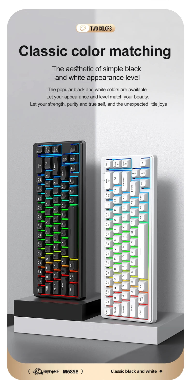 FREEWOLF M68SE 68 Key Mini Wired Keyboard RGB Backlit Type-C 68% Layout Compact Gaming Office PC Laptop