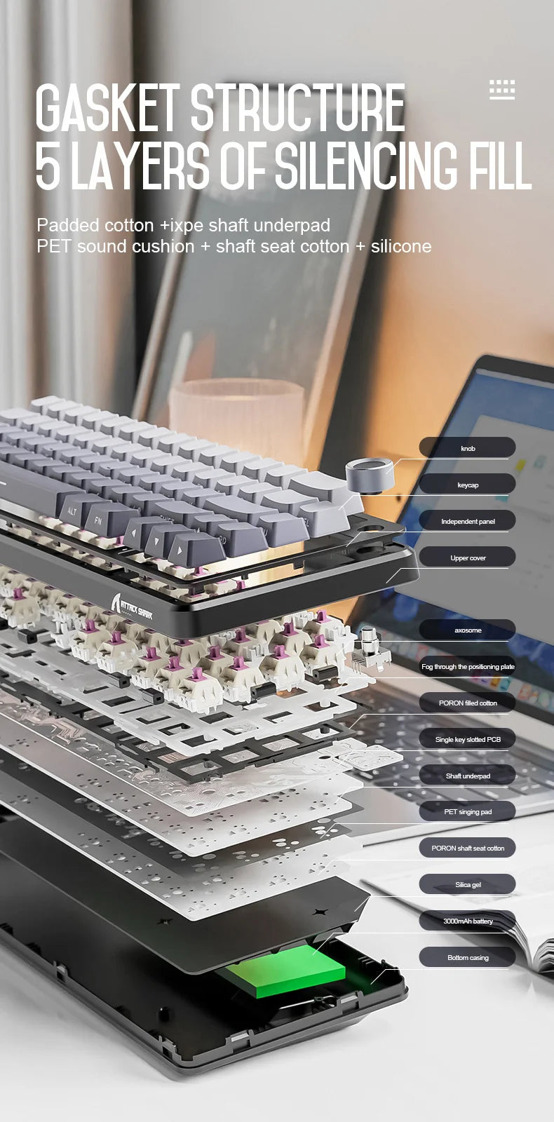 Attack Shark X66 Kabellose mechanische Tastatur 65% Kompaktlayout RGB-Hintergrundbeleuchtung Gasket Hot Swap Bluetooth USB-C PBT großer Akku