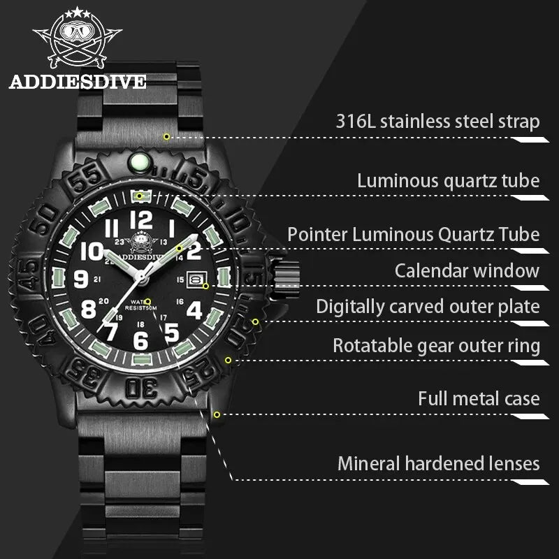ADDIESDIVE 2023 Men's Sports Watch Military Sports Luxury Rotating Bezel Luminous Watch Nylon Strap 50m Waterproof Quartz Watch