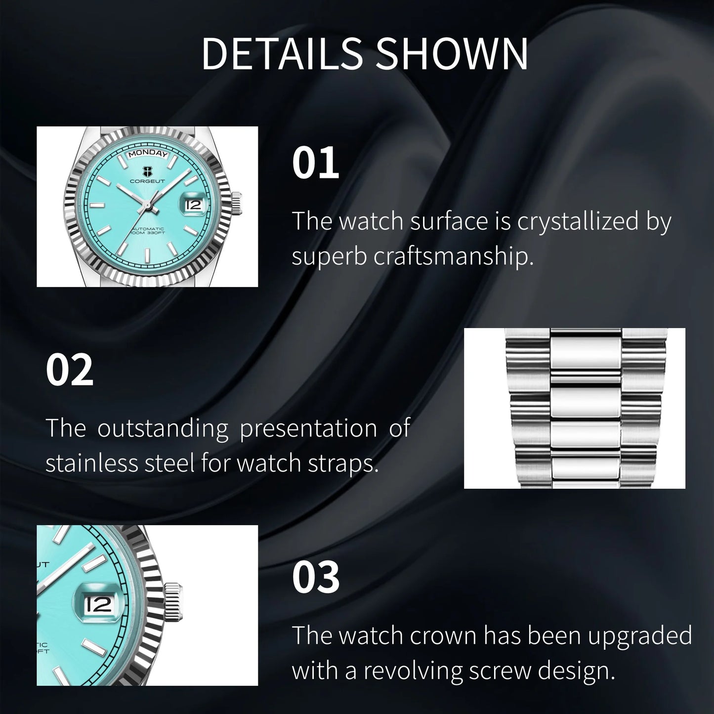 Orologio meccanico da uomo CORGEUT NH36 con indicazione di giorno e data, bracciale President, cassa in acciaio, lunetta arcuata filettata, impermeabile