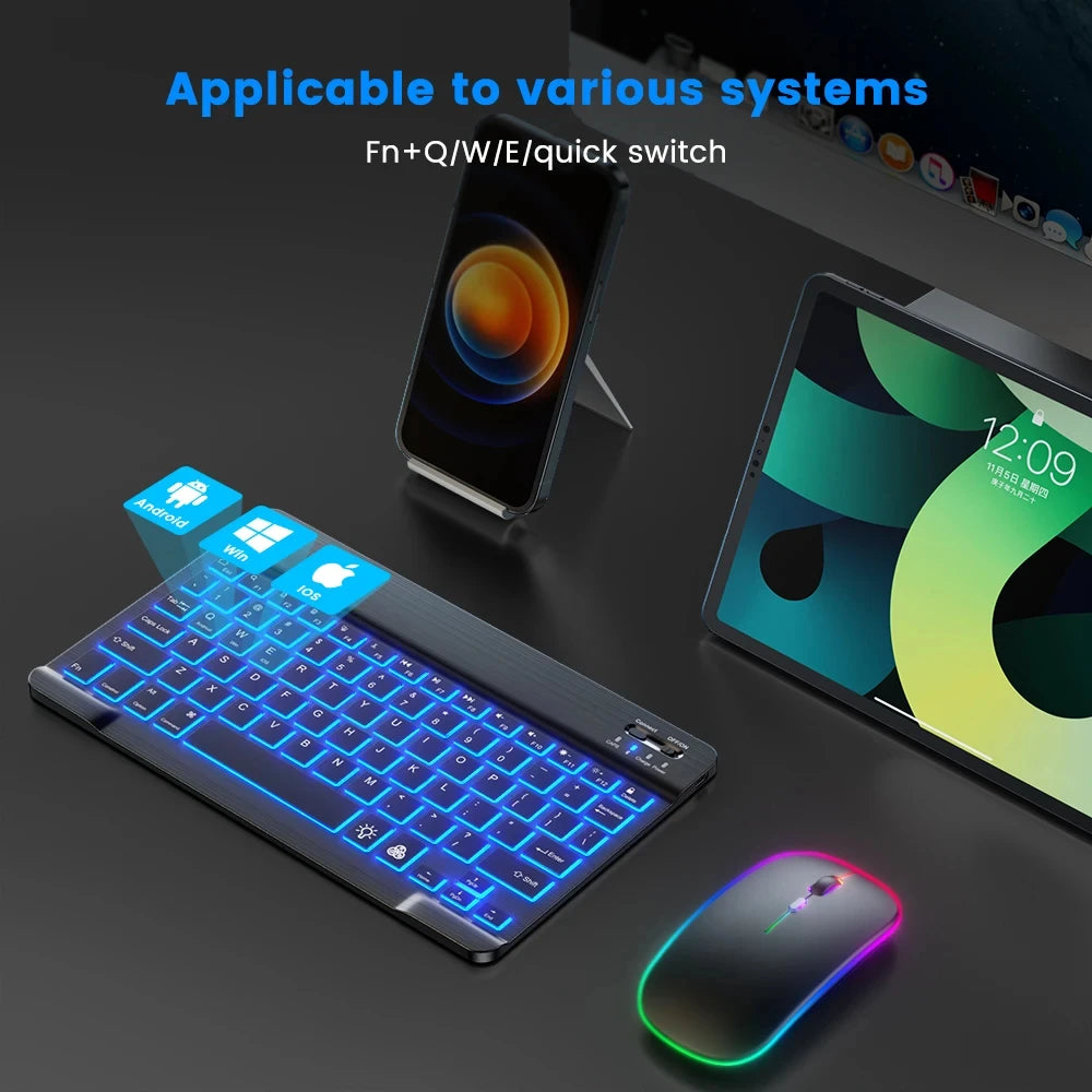 Mini teclado Bluetooth RGB sem fios de 10 polegadas com retroiluminação, touchpad e compatibilidade com iOS, Android, Windows e iPad