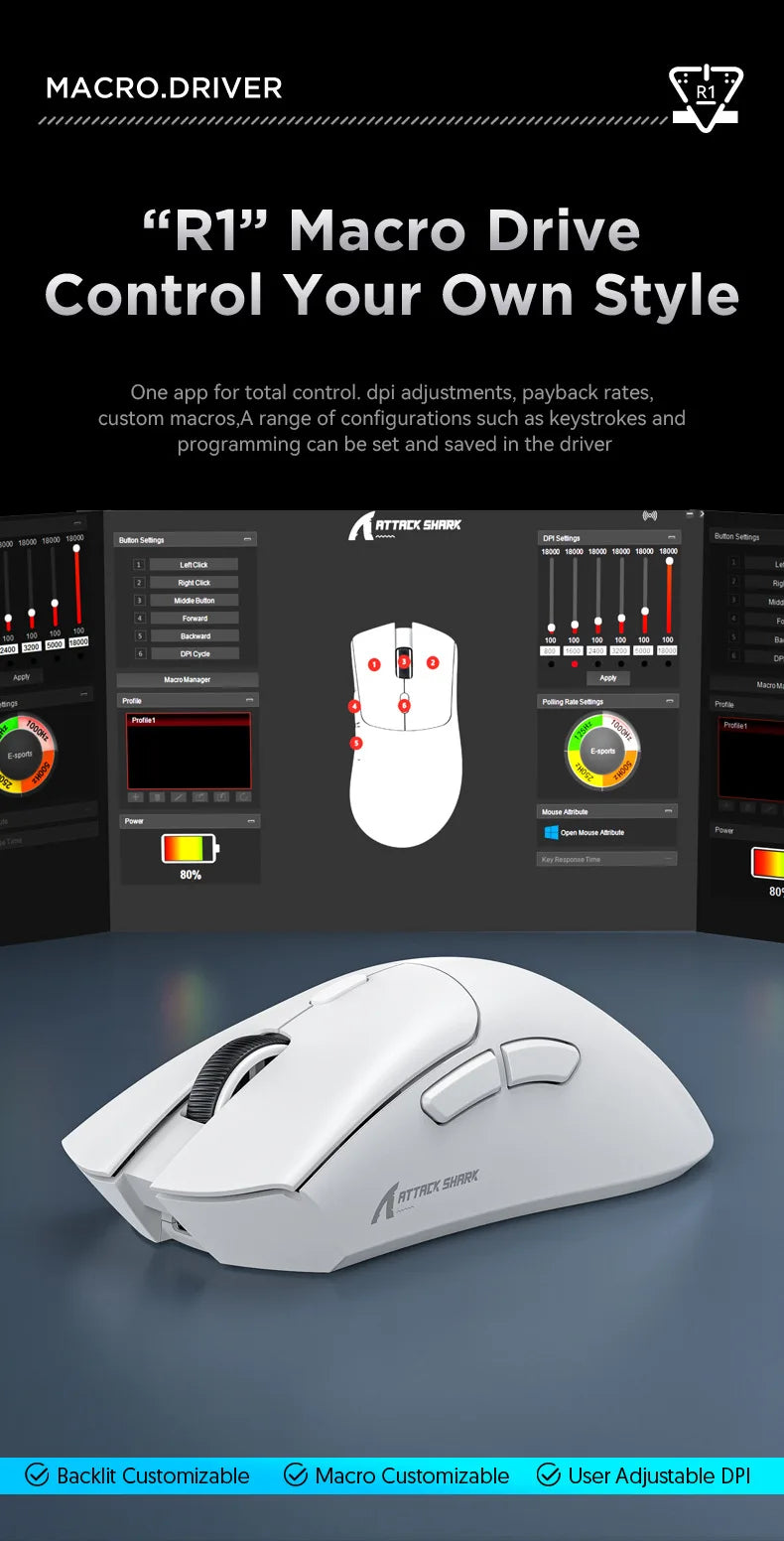 Attack Shark R1 Lekka bezprzewodowa mysz gamingowa Bluetooth 2.4G PAW3311 18000DPI ergonomiczna mysz z makrami
