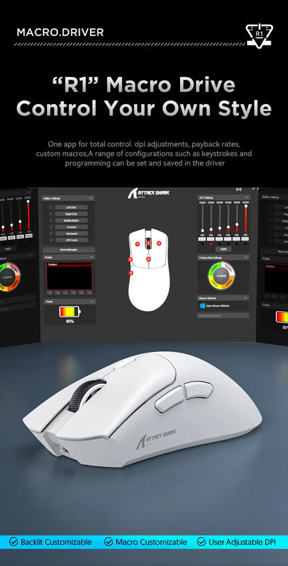 Attack Shark R1 Lekka bezprzewodowa mysz gamingowa Bluetooth 2.4G PAW3311 18000DPI ergonomiczna mysz z makrami