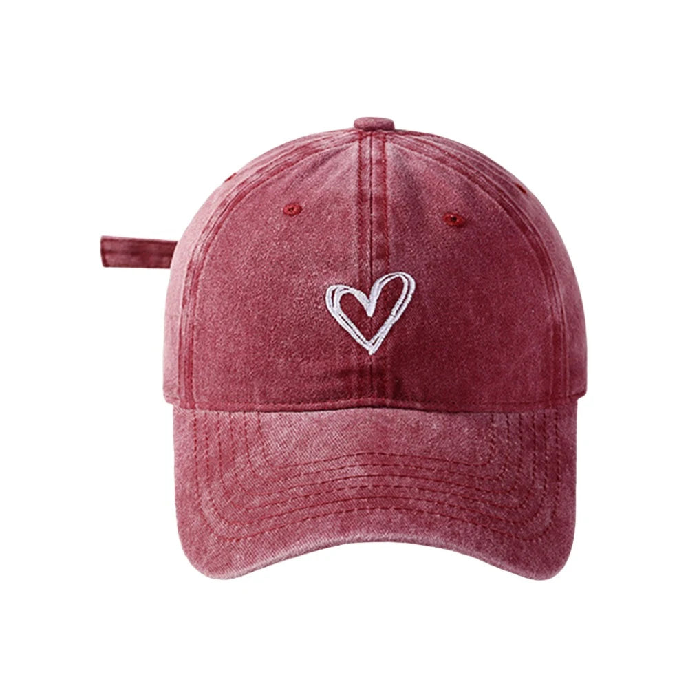 Peach Heart Embroidery Baseball Cap Washed Old Spring Summer Hat Women Men Couple Soft Top