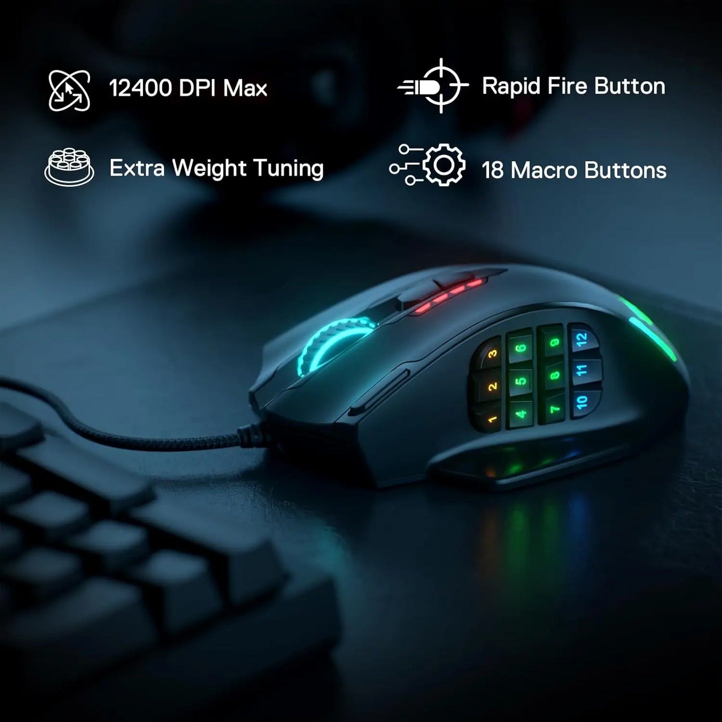 Mouse Gaming Cablato USB Redragon M908 con Retroilluminazione LED RGB, 18 Pulsanti Programmabili, 12400 DPI