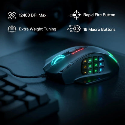 Mouse Gaming Cablato USB Redragon M908 con Retroilluminazione LED RGB, 18 Pulsanti Programmabili, 12400 DPI