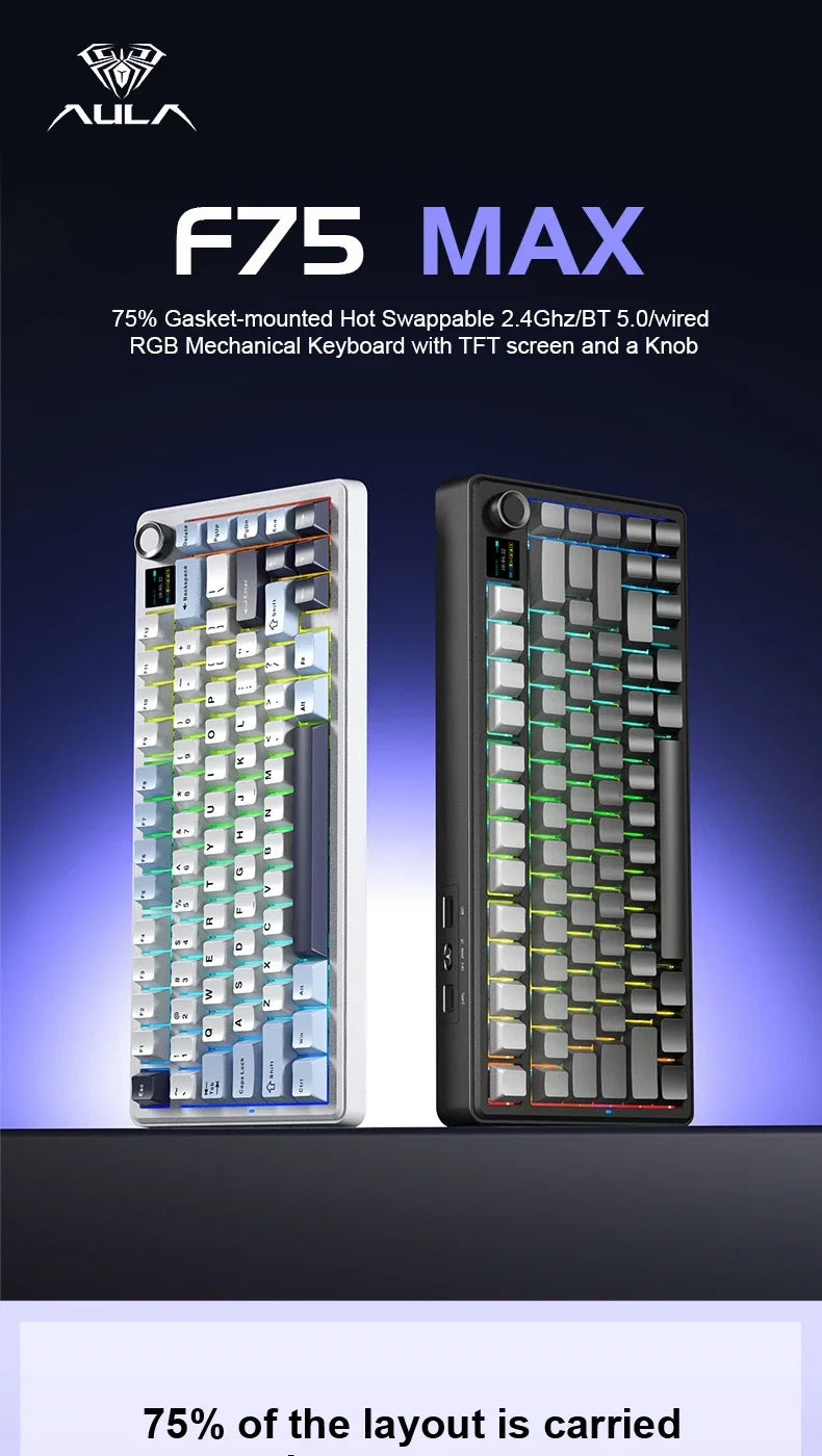 Teclado mecánico gaming AULA F75 MAX 2.4G inalámbrico/BT/con cable, Hot-Swap RGB, 75%, 81 teclas, teclado de oficina con pantalla TFT