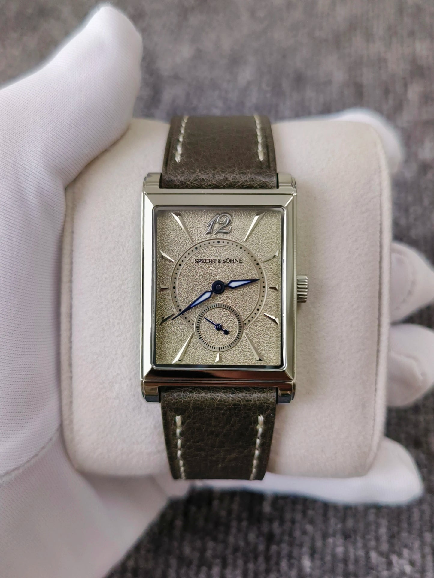 2026 Specht&Söhne Ultra Thin 7.5mm Rectangular Watch Japan Quartz Movement Small Seconds Sandblasted Dial Grey Leather Strap Watch