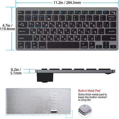 Teclado sem fios com disposição hebraica e inglesa, Bluetooth e 2.4G, modo duplo, fino, compacto e ergonómico, para Windows, iOS e Android