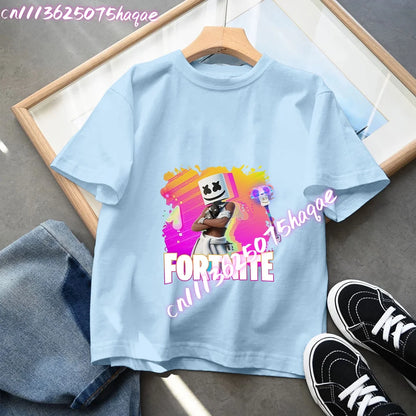 T-shirt azul de algodão Fortnite para criança, camisola de manga curta Fortress Night para bebé, top kawaii com desenho animado para menino e menina, roupa de verão, prenda