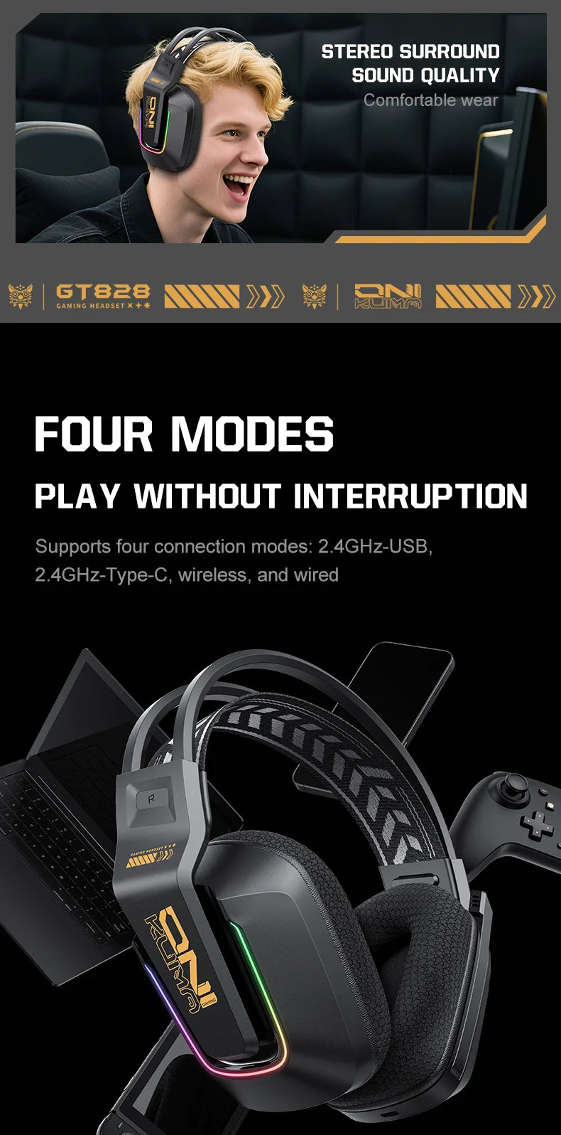 Cuffie da gaming wireless ONIKUMA GT828 Bluetooth 5.3 RGB con microfono, cancellazione del rumore e connessione a 4 modalità per PC, PS5 e laptop