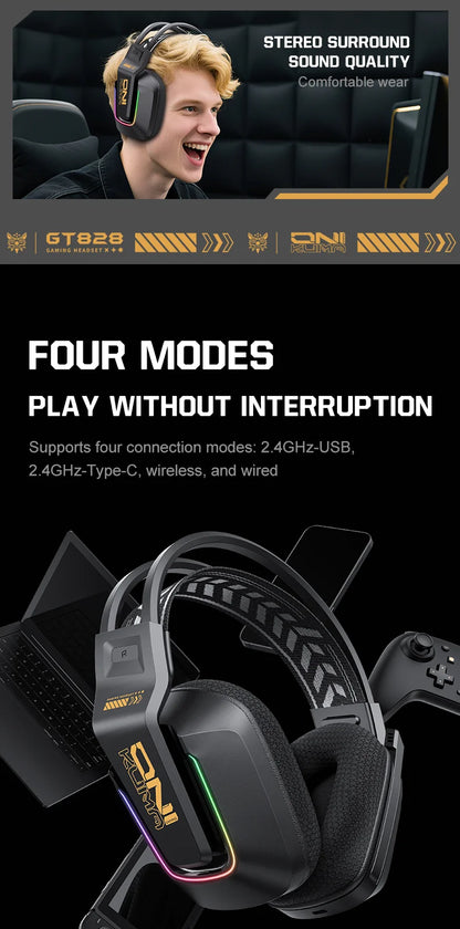 Cuffie da gaming wireless ONIKUMA GT828 Bluetooth 5.3 RGB con microfono, cancellazione del rumore e connessione a 4 modalità per PC, PS5 e laptop