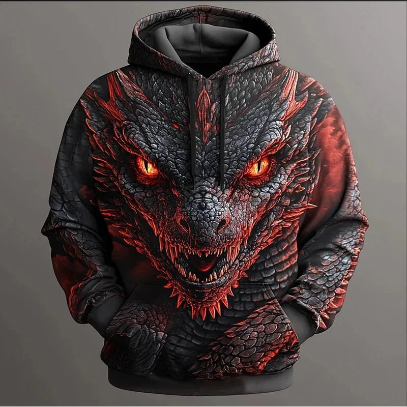 Herren-Hoodie mit Retro-Drachenmuster, 3D-Print, kreativem Design, langen Ärmeln, lässiger Pullover, modisch, cool, Oversize, atmungsaktive Kleidung