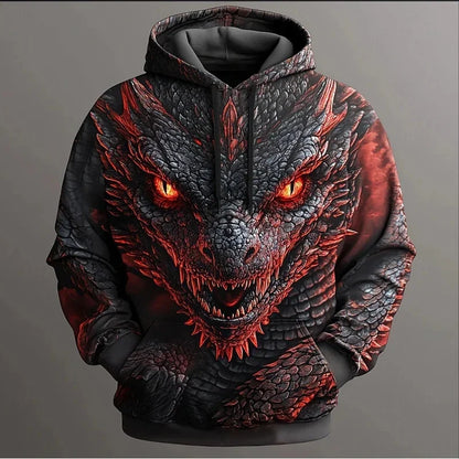 Herren-Hoodie mit Retro-Drachenmuster, 3D-Print, kreativem Design, langen Ärmeln, lässiger Pullover, modisch, cool, Oversize, atmungsaktive Kleidung