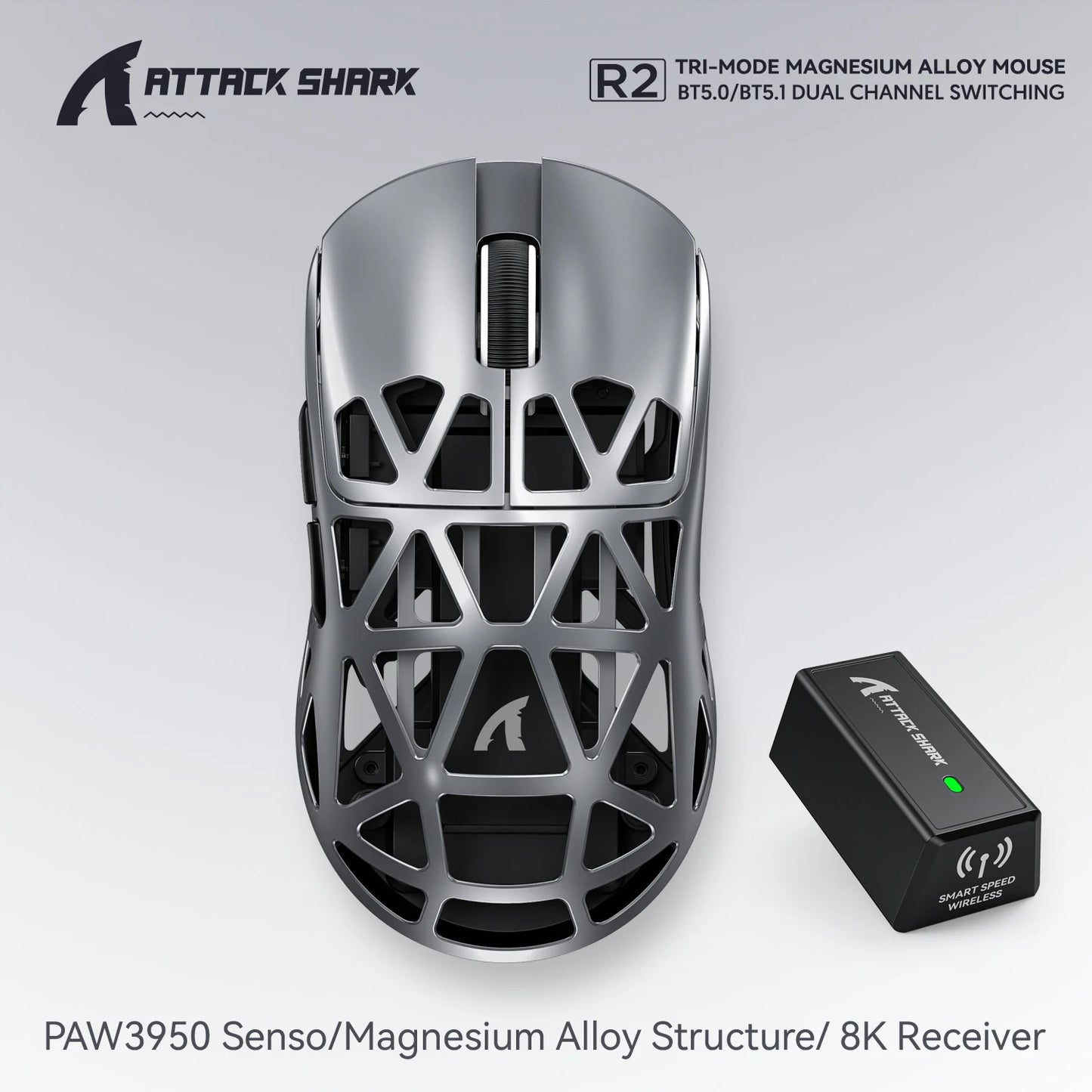Attack Shark R2 bezdrôtová herná myš PAW3950 8K z horčíkovej zliatiny, ľahká herná myš Bluetooth Tri-Mode na hranie/prácu v kancelárii