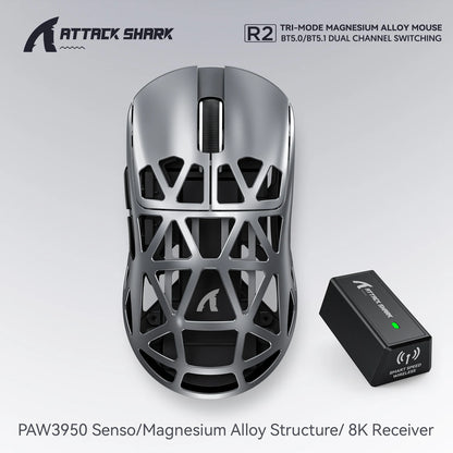 Attack Shark R2 bezdrôtová herná myš PAW3950 8K z horčíkovej zliatiny, ľahká herná myš Bluetooth Tri-Mode na hranie/prácu v kancelárii