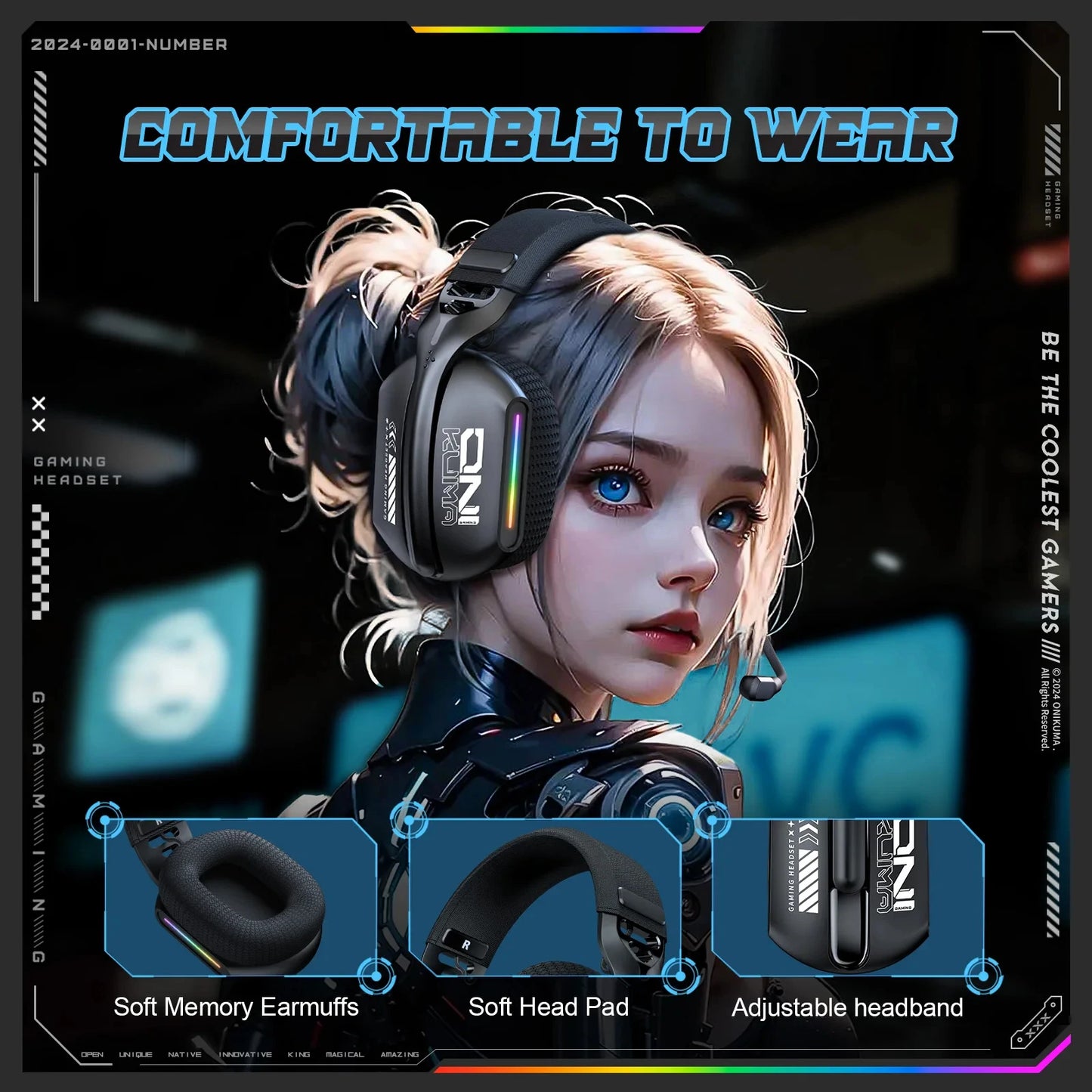 Cuffie da gaming wireless ONIKUMA GT828 Bluetooth 5.3 RGB con microfono, cancellazione del rumore e connessione a 4 modalità per PC, PS5 e laptop