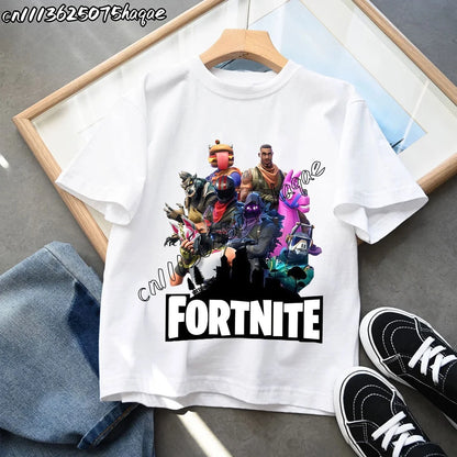 T-shirts Infantis Fortnite Novidade de Verão, T-shirt com Figura de Desenho Animado, Estampado Gráfico, Casual e Desportivo, Manga Curta, Tops Desportivos para Criança, Roupa para Rapazes