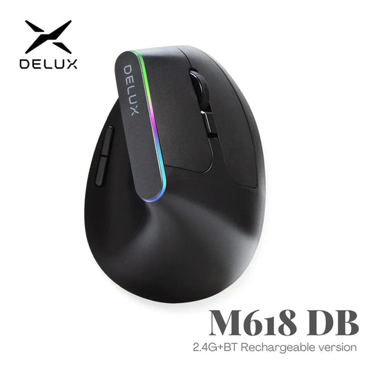 Delux Ergonomic Vertical Mouse Rechargeable Wireless Bluetooth RGB Mouse, 4000 DPI Silent Ergonomic Vertical Mouse for Laptop, PC & Gaming