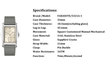 FARASUTE Creative Manual Square Customized Mechanical Movement Watch Men Luxury Sapphire Glass Small Second Wristwatches reloj
