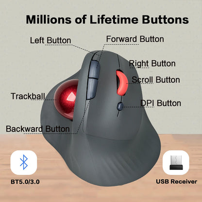 JOMAA Wireless Trackball Mouse Vertical Rechargeable Rollerball Mouse Ergonomic Silent Click Gaming Mouse for Windows Computer