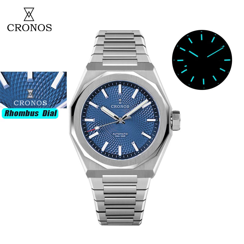 Cronos New Rhombus Perlage 39mm Dial PT5004 Miyota 90S5 See-through Caseback Men Automatic Wristwatches 10ATM Luminous