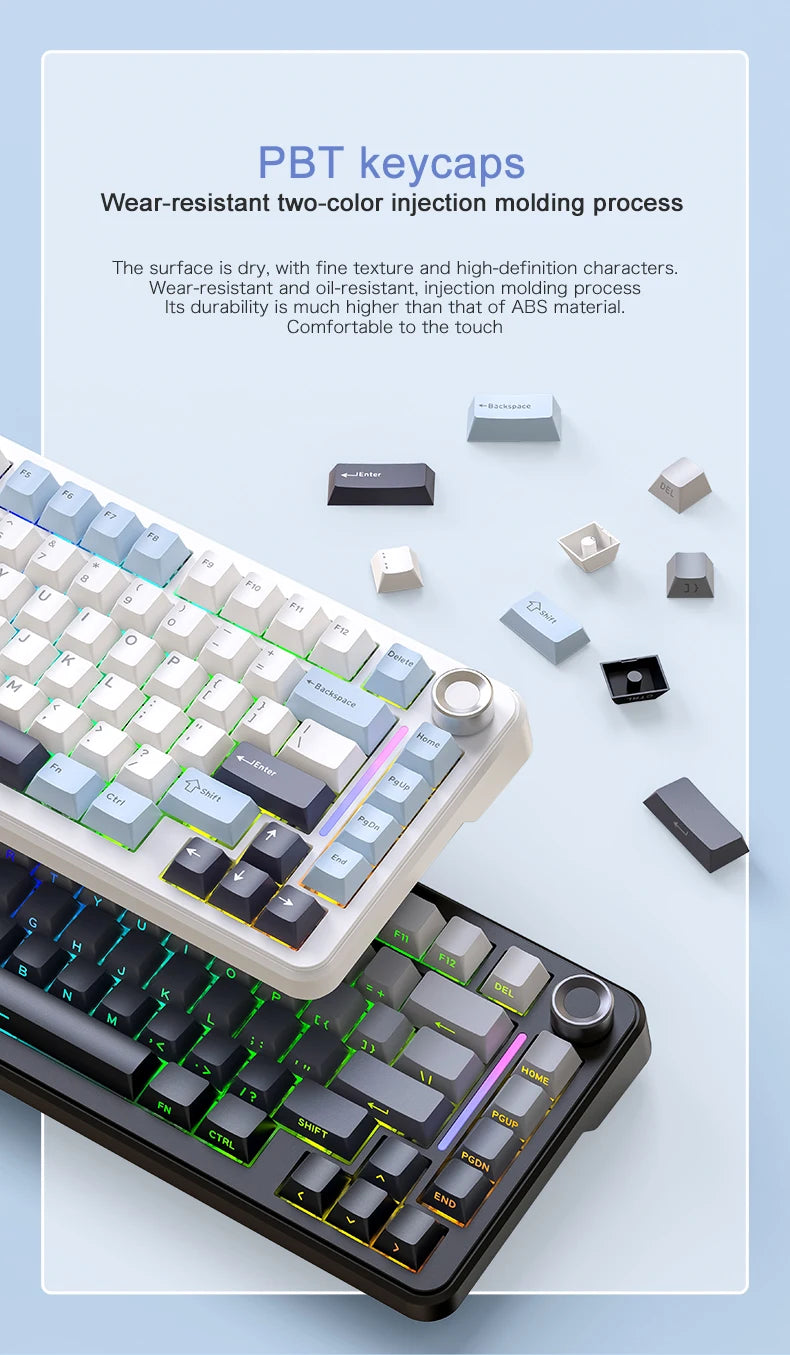 F75 Mechanical Keyboard FREEWOLF 81 Keys Layout Metal Knobs PBT Keycaps, Fully Hot-swappable Keys RGB Multi-color Backlighting