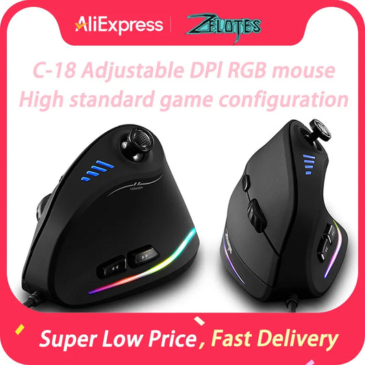 Вертикална мишка ZELOTES C-18 с 11 бутона, оптична мишка с RGB, джойстици и програмируем лазер — геймърска мишка за PC компютър